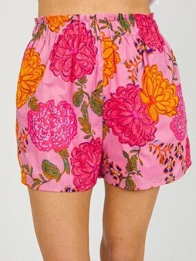 Umgee Floral High Waist Pleated Shorts Pink Orange Boho Pull On Women’s Small‎